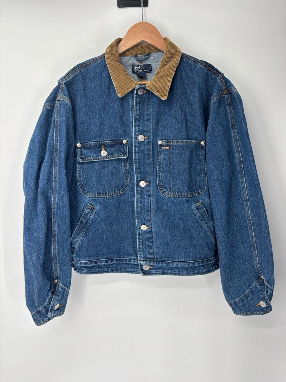 Polo Ralph Lauren Denim Jacket Mens M Blue Vintage Made in USA Corduroy Collar
